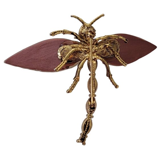 Gold Tone Orange Green Rhinestone Copper Tone Textured Wing Dragonfly Pin, E669 - Picture 5 of 9